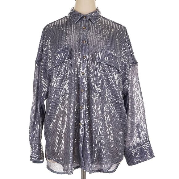Anthropologie Pilcro Blue Sequin Oversized Button Up Blouse Size XL NEW - Picture 6 of 16